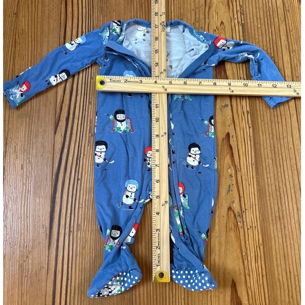 Angel Dear Footie Sleeper Kids Blue Hockey Snowman Bamboo Pajamas SIZE 0-3M
